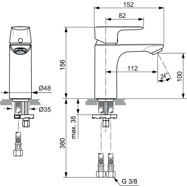 Ideal Standard - WT-Armatur CONNECT AIR, 5 l/min., o.Ablgarn., Ausld.112mm, Blizzard silver