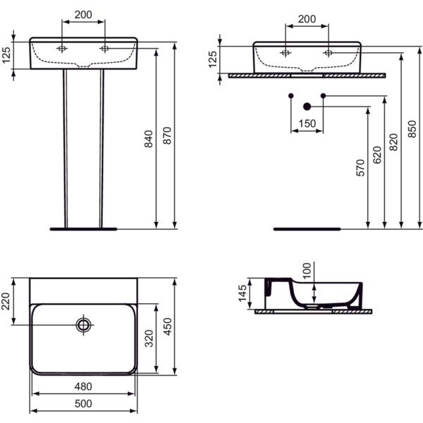 Ideal Standard - Waschtisch CONCA, o.Hl., o.Ül., 500x450x145mm, Weiß mit IdealPlus