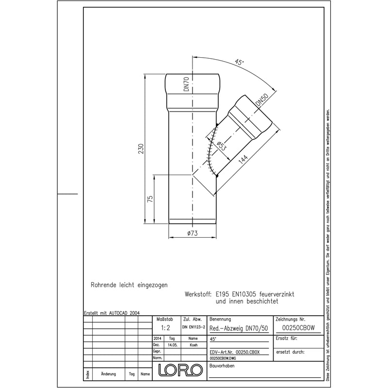 Lorowerk - Reduzier-Abzweige 00250. DN 70/ 50 45 Grad