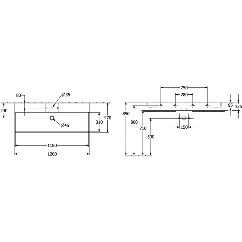 VILLEROY & BOCH - WT Memento 2.0 1200x470mm re-eckig 1HL. o. ÜL. geschliffen Graphite cplus