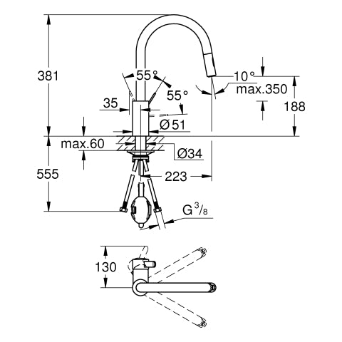 Grohe - EH-SPT-Batterie EUROSMART C 31481 h. Ausl. azb.Spülbrause GROHE ZERO chrom