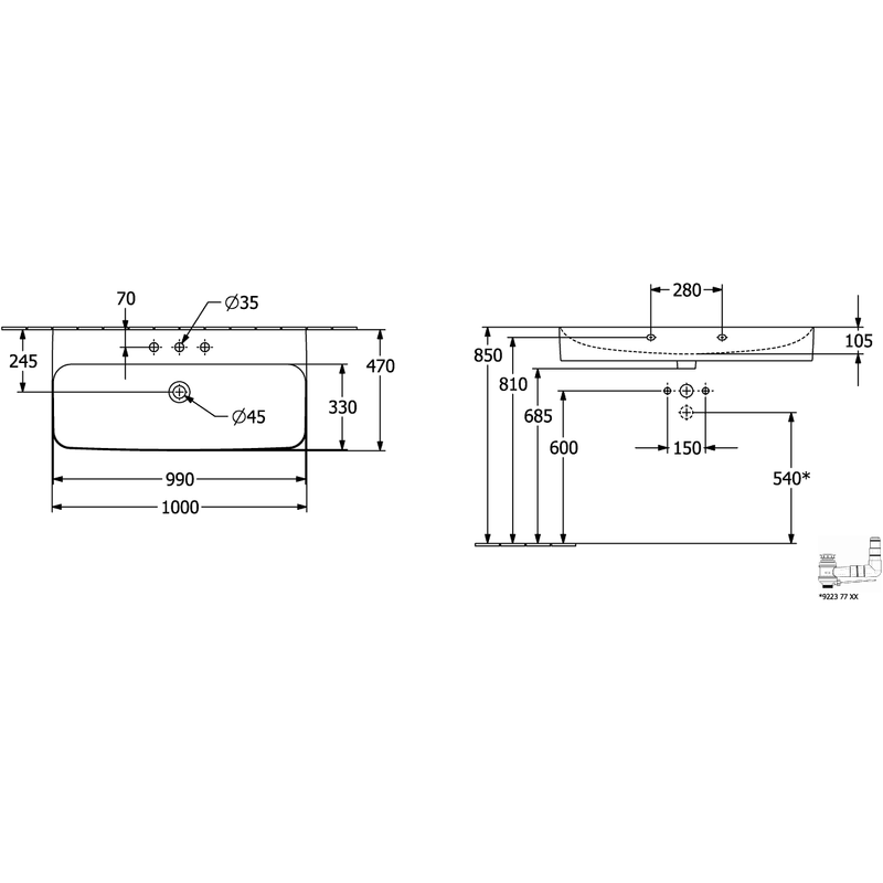 VILLEROY & BOCH - WT Finion 1000x470mm re-eckig 1HL. m. verd. ÜL. Stone White cplus