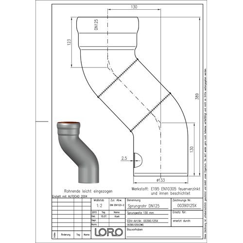 Lorowerk - Etagenbogen 00390. DN 125 Sprung 130mm