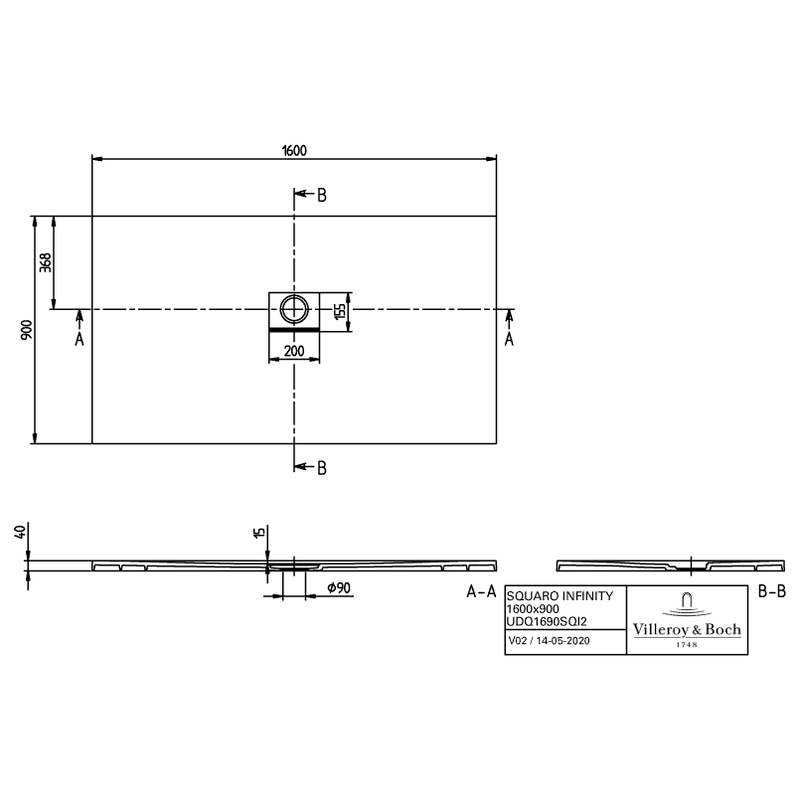 VILLEROY & BOCH - Duschwanne Squaro Infinity 1600x900x40mm re-eckig Grey