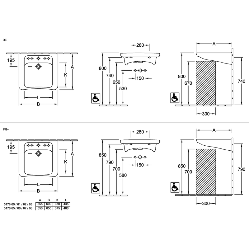 VILLEROY & BOCH - Waschbecken ViCare 650x550mm re-eckig 1HL. m. ÜL. Weiß Alpin AntiBac cplus