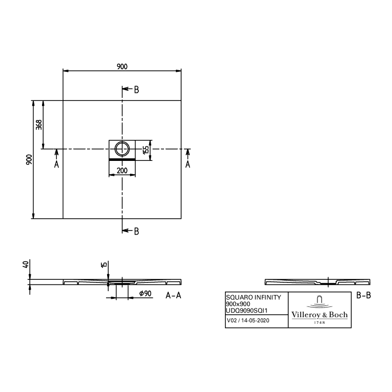 VILLEROY & BOCH - Duschwanne Squaro Infinity 900x900x 40mm Quadrat flächenbündiger Einbau Grey