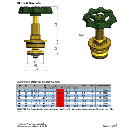 Bender Armaturen - Oberteil DIN 3519 Typ 1210 DN32 kurz, für Geradsitz-u.Schrägsitzventile