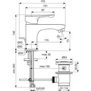 Ideal Standard - Waschtischarmatur ALPHA, m.Ablgarn., Ausladung 115mm, Chrom