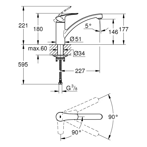 Grohe - EH-SPT-Batterie EUROSMART 30260_3 flacher Auslauf Mittelstell. kalt chrom