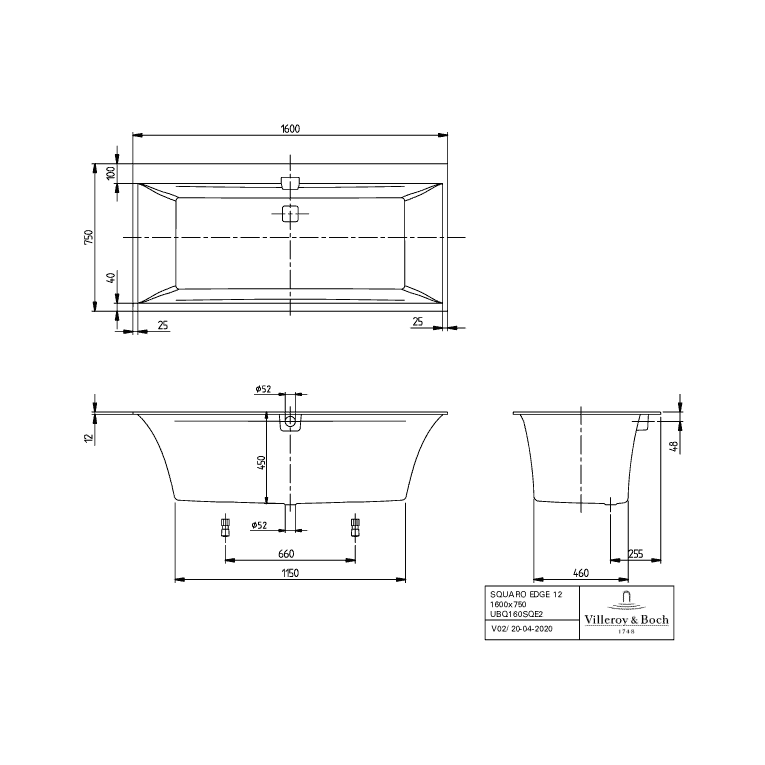 VILLEROY & BOCH - BW Squaro Edge 12 1600x750x475mm re-eckig m. Sys HC TP1 Zul. Weiß Alpin