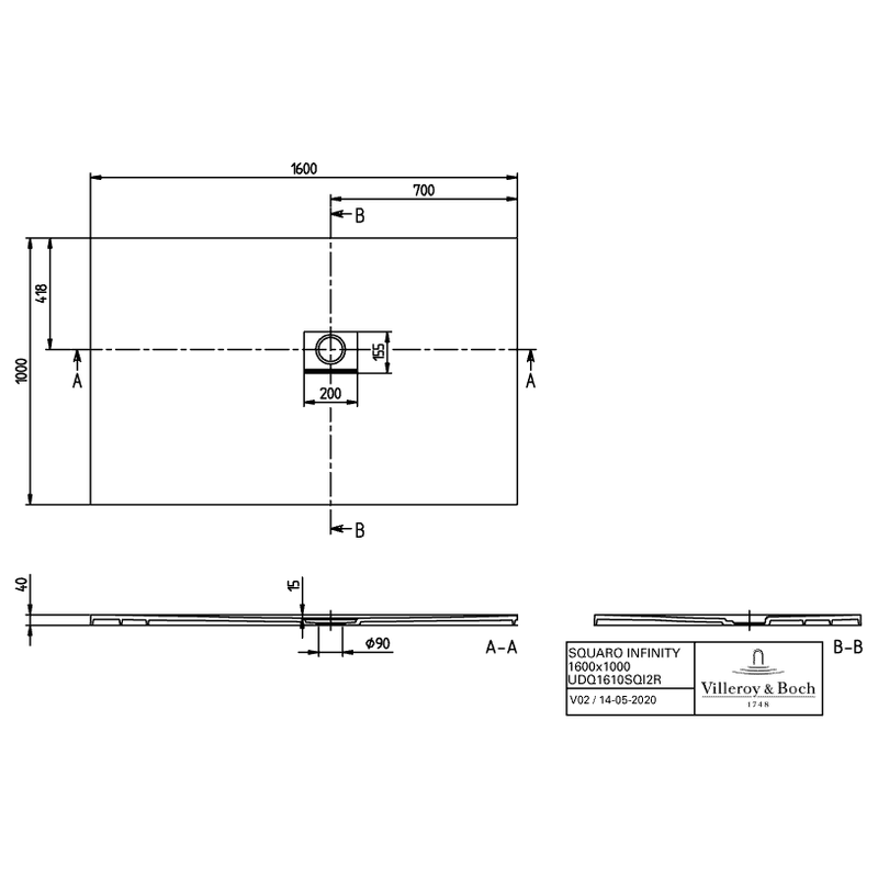 VILLEROY & BOCH - Duschwanne Squaro Infinity 1600x1000x40mm re-eckig EB:re Anthracite
