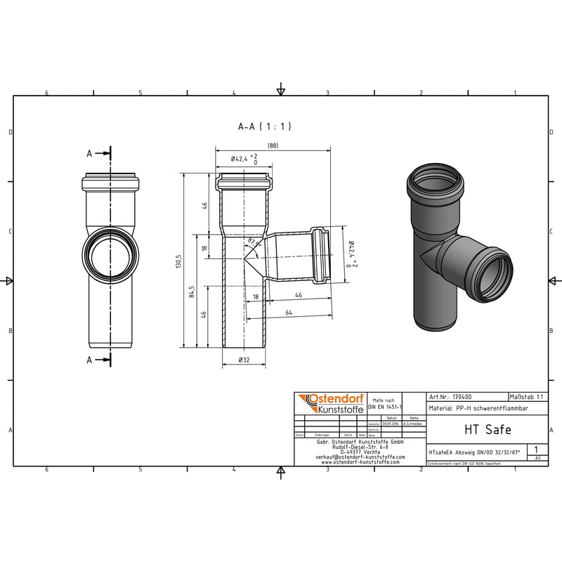 Gebr. Ostendorf - HTsafeEA Abzweig DN 32x32 88,5 Grad