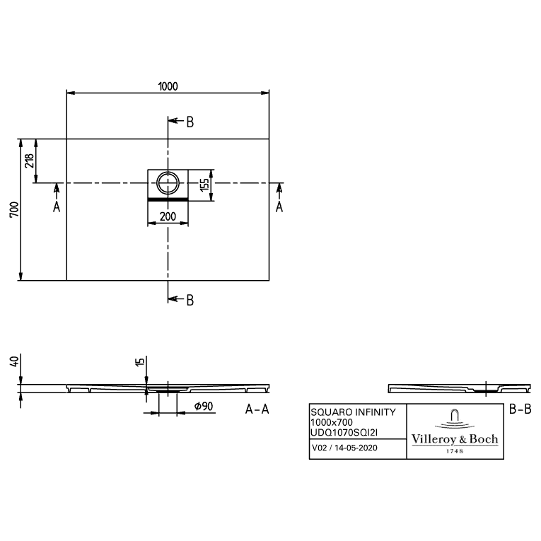VILLEROY & BOCH - Duschwanne Squaro Infinity 1000x700x40mm re-eckig Grey