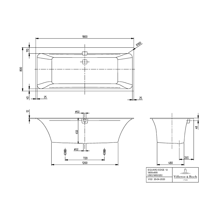VILLEROY & BOCH - Badewanne Squaro Edge 12 1800x800x 496mm re-eckig m. Sys CE TP2 Weiß Alpin