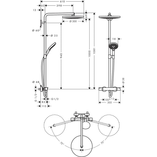Hansgrohe - Showerpipe RAINDANCE Select S300 2jet Kopfbrause 27133000 chrom