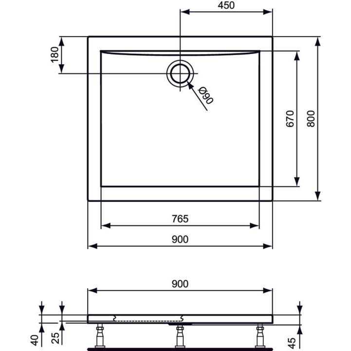 Ideal Standard - Rechteck-Brausewanne ULTRA FLAT, 900x800x47mm, Weiß
