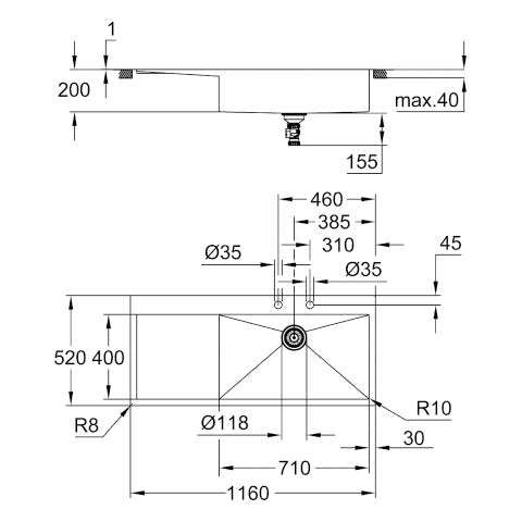 Grohe - Edelstahlspüle K1000 31582_1 1 Becken ATF 1160x520 mm Einbau rechts