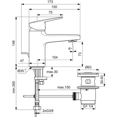 Ideal Standard - Waschtischarmatur CERAPLAN H75 m.Ablaufgarn. Ausld.103mm Chrom