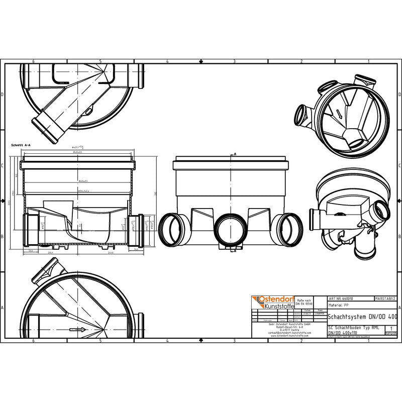 Gebr. Ostendorf - Schachtboden Kunststoff Typ RML DN400/100 KG, Anschl. rechts/mitte/links
