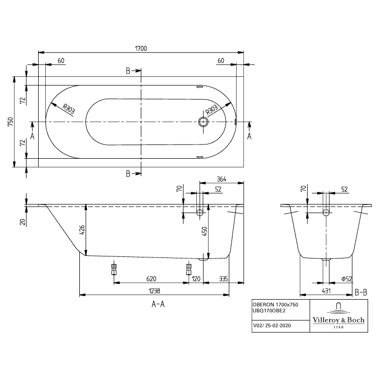 VILLEROY & BOCH - Badewanne Oberon 1700x750x475mm re-eckig m. Sys HC TP2 MT Weiß Alpin