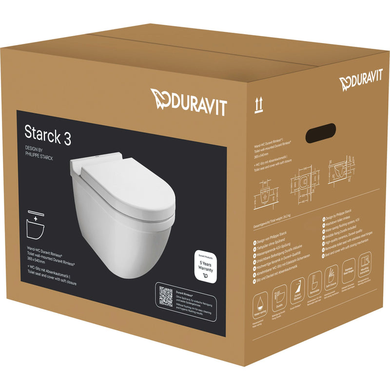 Duravit - Wand-WC Rimless STARCK 3 252709, weiß mit WC-Sitz 006389 und Befest. DURAFIX