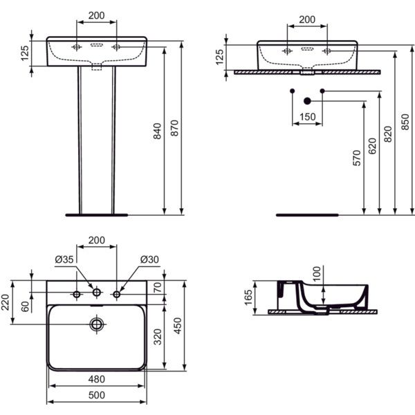 Ideal Standard - Waschtisch CONCA, 3 Hl., m.Ül., 500x450x165mm, geschliffen, Weiß