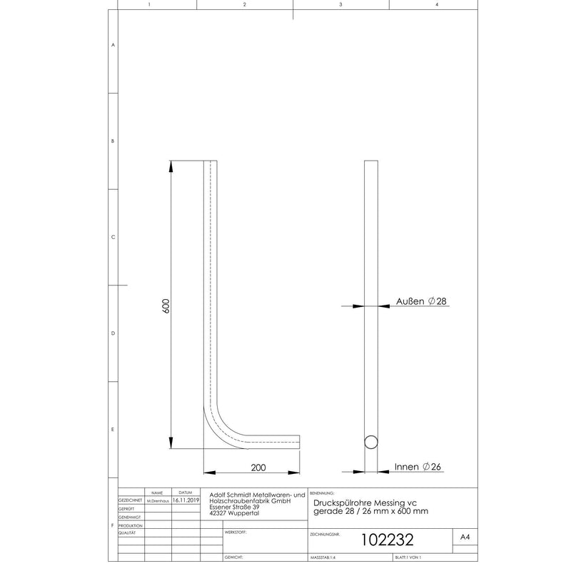 Adolf Schmidt - Spülrohr 28x26mm 600mm gerade vchr