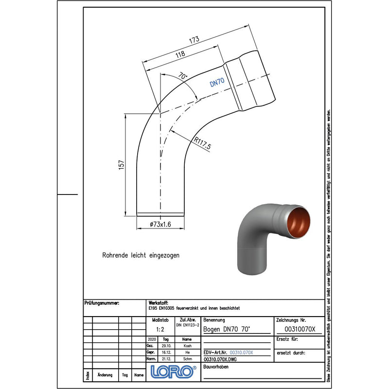 Lorowerk - Bogen 00310. DN 70 70 Grad