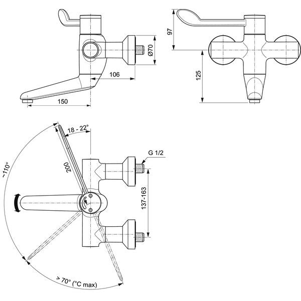 Ideal Standard - Wand-WT-Thermostat CERAPLUS 2 Ausld. 256mm, absp. S-Anschlüsse, Chrom