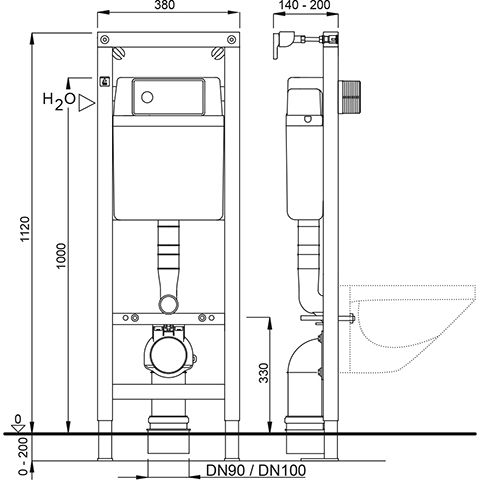 Wisa - DUPLO WC 387 FRONT 112cm Front-Betätigung, H=1120mm,B=380mm