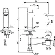 Ideal Standard - WT-Armatur CONNECT AIR, Grande Slim 5 l/min., m.Ablgarn., Ausld.125mm, Chrom