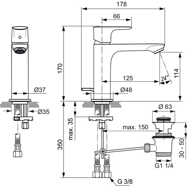 Ideal Standard - WT-Armatur CONNECT AIR, Grande Slim 5 l/min., m.Ablgarn., Ausld.125mm, Chrom