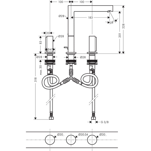 Hansgrohe - 3-Loch Waschtischarmatur 200 AXOR Uno Zerogriff BN