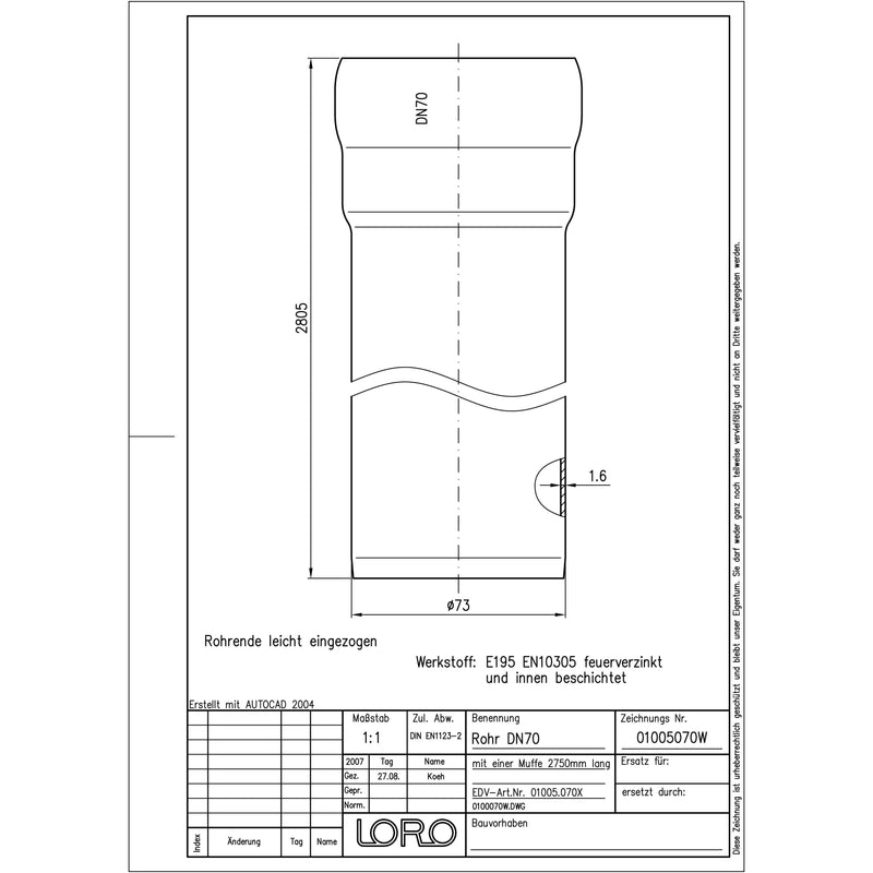 Lorowerk - Rohr 01005.X DN 70x2750mm mit 1 Muffe