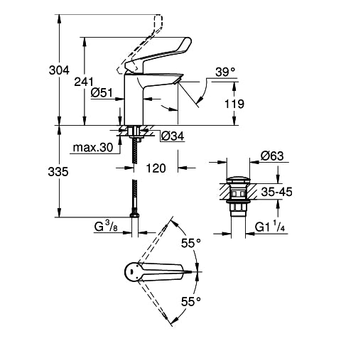 Grohe - EH-WT-Batterie EUROSMART 23983_3 M-Size langer Hebel PO-Ablaugrt. chrom