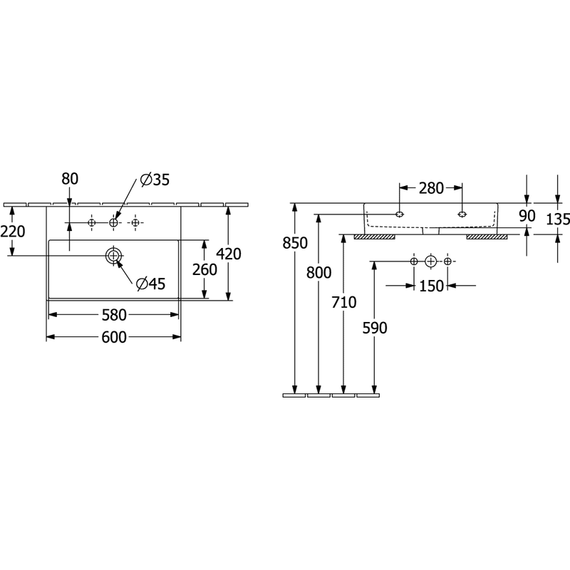 VILLEROY & BOCH - WT Memento 2.0 600x420mm re-eckig 1HL. o. ÜL. geschl. Stone White cplus