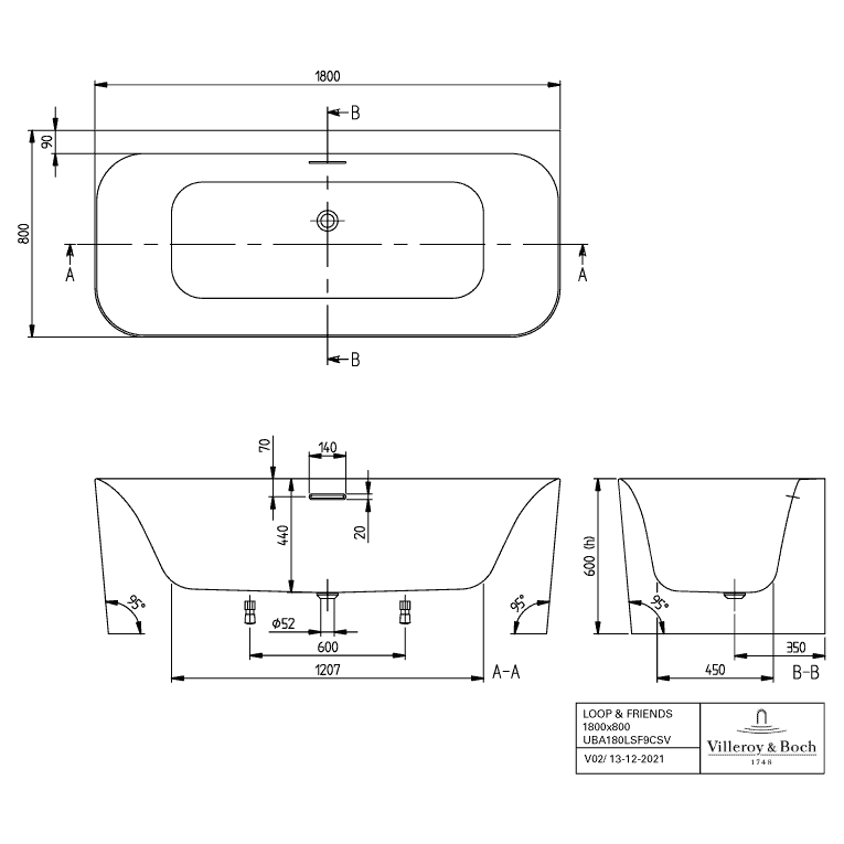 VILLEROY & BOCH - Vorwand-Badewanne Loop&Friends LSF 1800x800x600mm SQUARE CoD Weiß Alpin