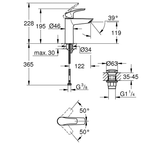 Grohe - EH-WT-Batterie EUROSMART 23923_3 M-Size Push-open Ablaufgarnitur chrom