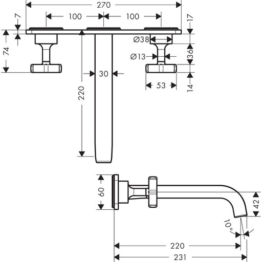 Hansgrohe - 3-L.Waschtischarmatur AXOR CITTERIO E Fertigset Wandmontage chrom mit Platte