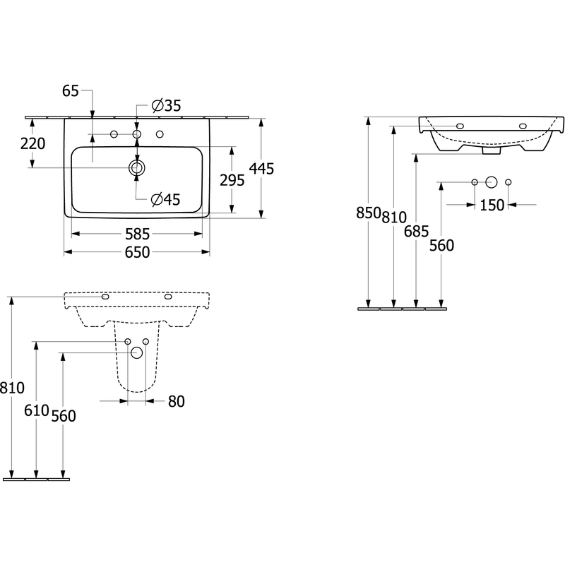VILLEROY & BOCH - Waschbecken Architectura 650x445mm re-eckig 1HL. m. ÜL. Weiß Alpin cplus