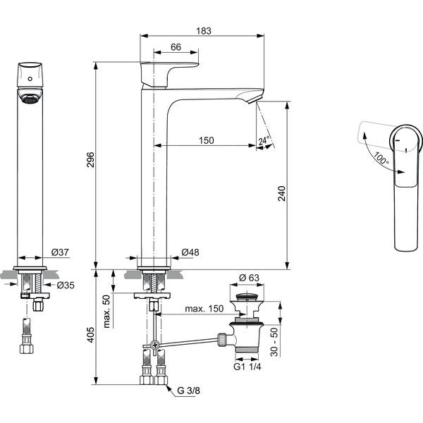 Ideal Standard - WT-Arm. CONNECT AIR, Slim, BlueStart, m.verl.Sockel, m.Ablgarn., Magnetic grey