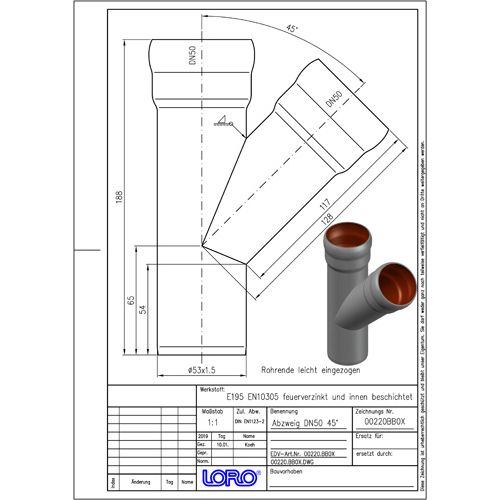 Lorowerk - Abzweig 00220. DN 50/ 50 45 Grad