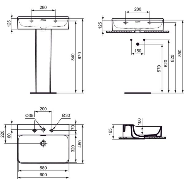 Ideal Standard - Waschtisch CONCA, 3 Hl., m.Ül., 600x450x165mm, geschliffen, Weiß