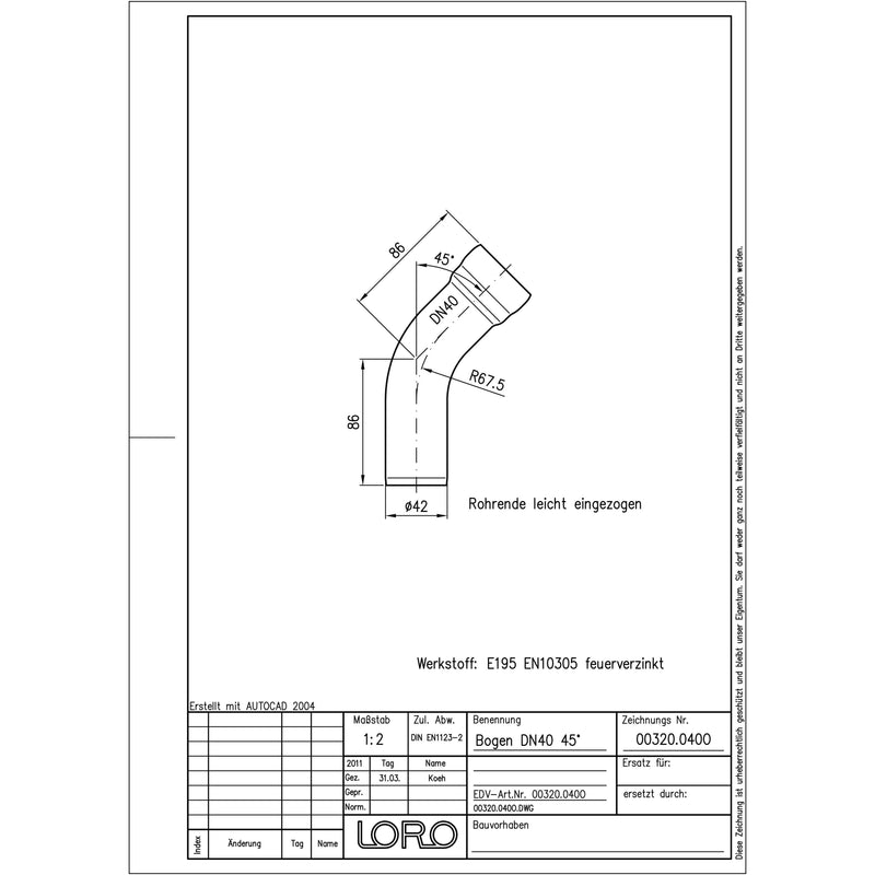 Lorowerk - Bogen 00320.040O DN 40 45 Grad