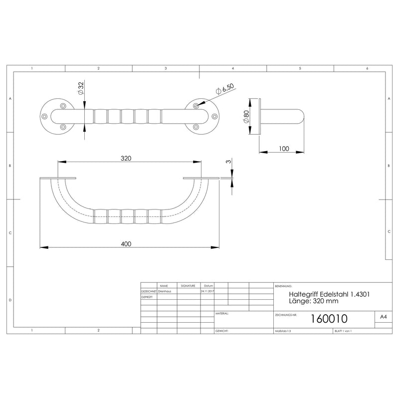 Adolf Schmidt - Haltegriff Edelstahl 1.4301 Länge: 320 mm