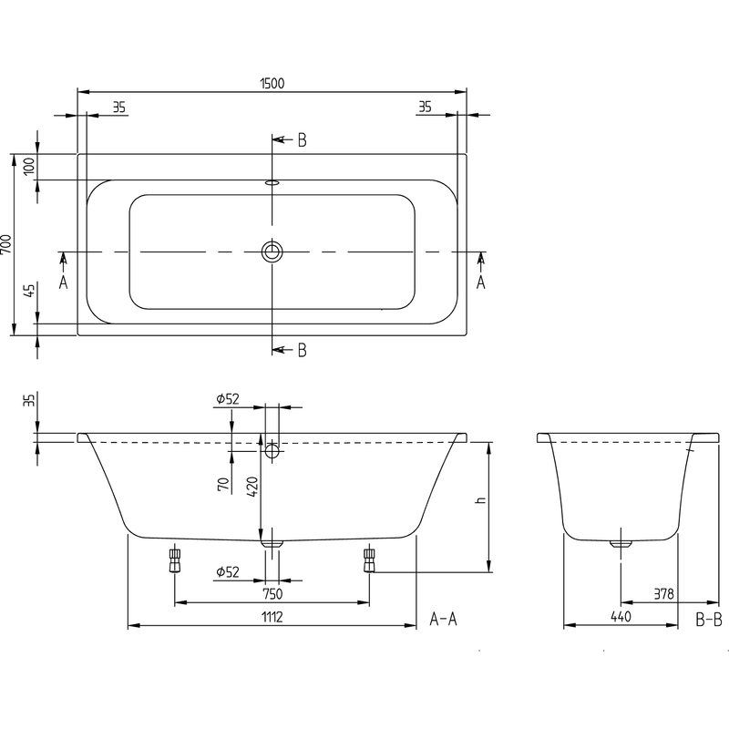 VILLEROY & BOCH - Badewanne Architectura 157ARE2A1 re-eckig m. System AC TP1 Weiß Alpin