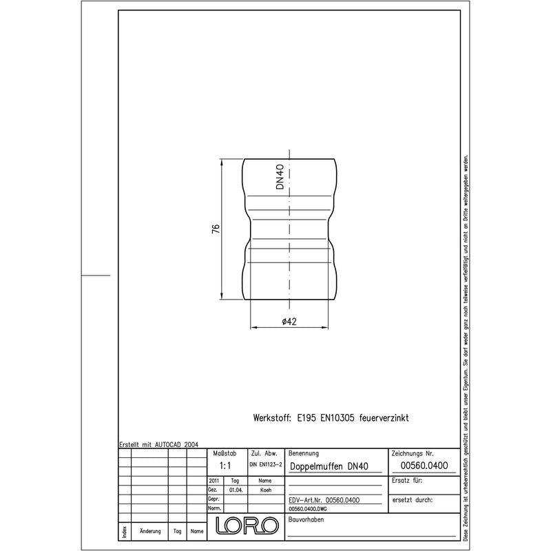 Lorowerk - LORO-X-Doppelmuffe 00560.040O DN 40