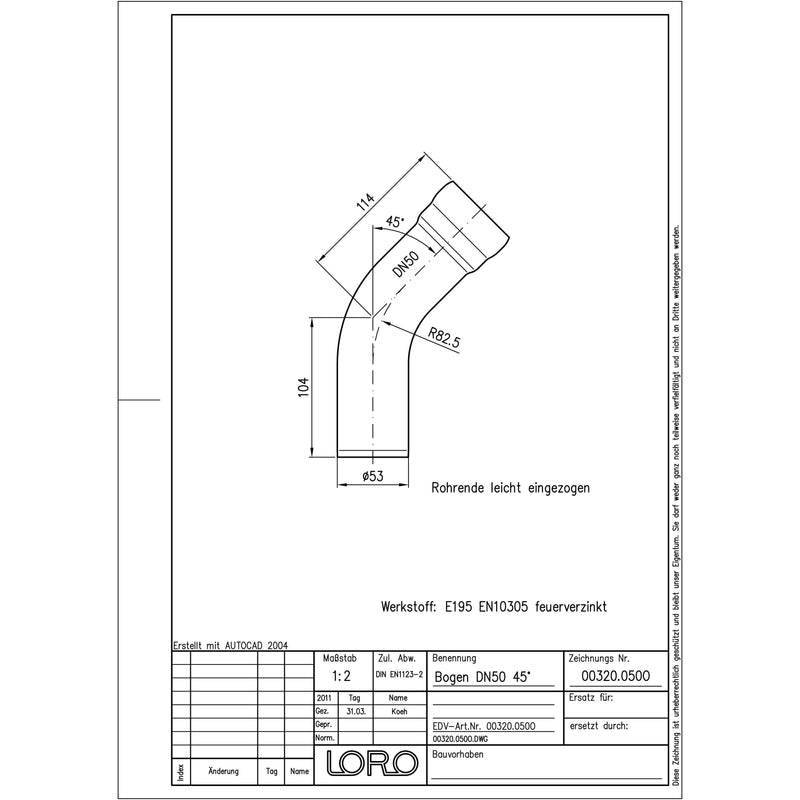 Lorowerk - Bogen 00320.050O DN 50 45 Grad