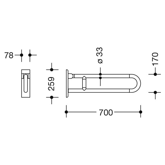 HEWI Heinrich Wilke - Stützklappgriff drehb. 801.50.110 L:700mm reinweiß