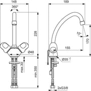 Ideal Standard - 2-Griff Waschtischarmatur ALPHA B2037A 155mm m. versenkb. Kette chrom